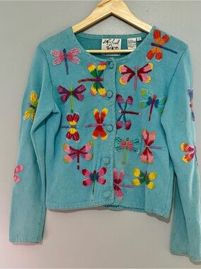 Michael Simon Turquoise Butterfly Dragonfly Embroidered Cardigan Jacket